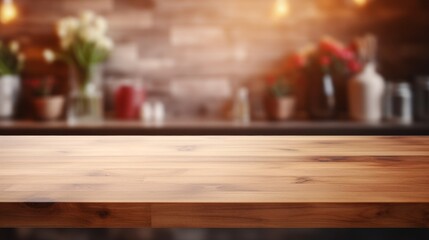 Naklejka na ściany i meble Empty Beautiful wood table top and blur bokeh modern kitchen interior background in clean and bright, Ready for product montage