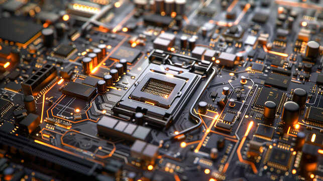 Close-up of a computer motherboard with complex details. Every circuit, connector and component is visible, revealing the inner workings of the technology.
