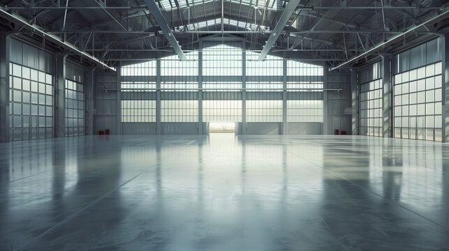 Large aircraft hangar interior environment,created with Generative AI tecnology.
