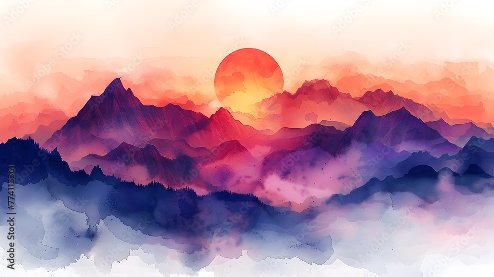 Canvas Prints Ethereal Watercolor Sunset Over Majestic Mountain Peaks in a Dreamlike Landscape