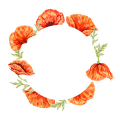 Poppy flowers round frame, empty space design