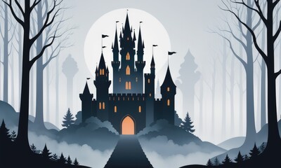 A mystical castle in a foggy forest - obrazy, fototapety, plakaty