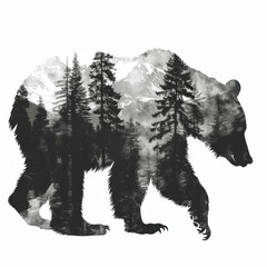 Bear silhouette , black and white, isolated on a white background - obrazy, fototapety, plakaty