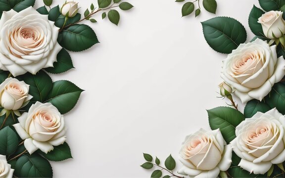 A luxurious background featuring deep white roses and green leaves arranged on the right and left sides of the image