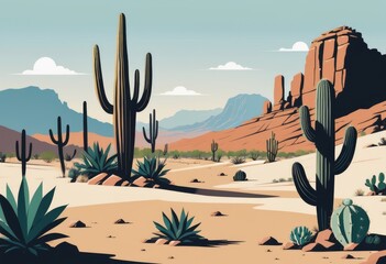 A rocky desert landscape adorned with a garden of cacti