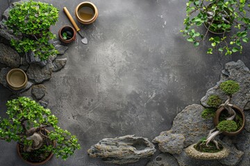 Flat Lay of Bonsai Trees and Pruning Tools with Empty Space in Middle

 - obrazy, fototapety, plakaty