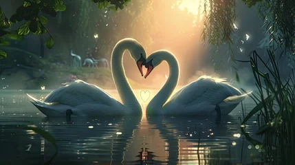  Convey the magic of avian love in a prompt featuring a swan couple, their beaks meeting in a kiss that forms a heart shape © lara