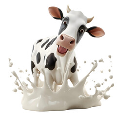 Happy 3d cartoon cow with milk splash, advertisement cow style,
