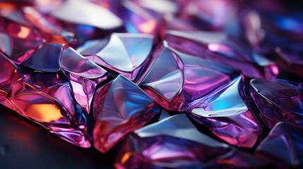 The array of reflective and refractive crystal-like objects is presented in a vibrant display of colours ranging from blue to purple and shades of orange. Background concept. AI generated. - obrazy, fototapety, plakaty