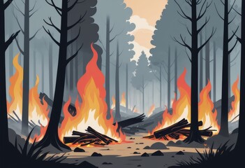 A raging forest fire destroys the natural environment, leaving behind ash and devastation