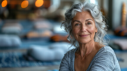 An elderly woman awaits a group meditation session. Concept active and modern old age.