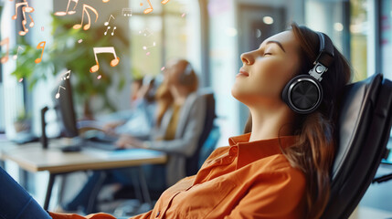A relaxed woman at her workplace relaxes with headphones on, musical notes flying around her - obrazy, fototapety, plakaty