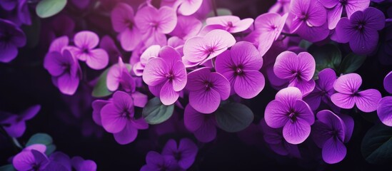 Beautiful purple flowers are blooming against a contrast of dark shadows and bright sunlight in the background, creating a stunning display of colors and nature's beauty