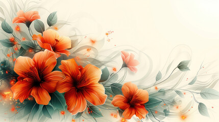 The painting shows orange hibiscus flowers with green leaves on a beige background.