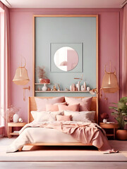 A living room with a pink wall and couch with frame template.