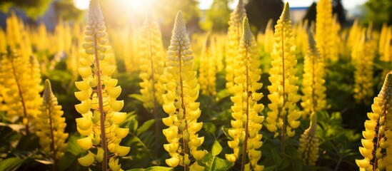 Field of blooming yellow flowers illuminated by the sun's rays shining through the petals