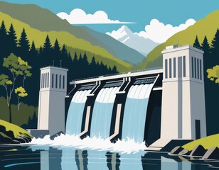 A hydroelectric power station harnesses electricity from the natural flow of water in the environment - obrazy, fototapety, plakaty