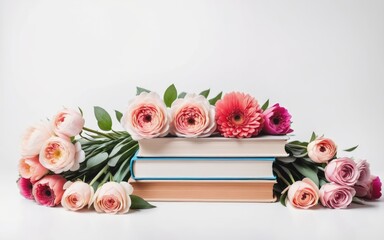 A stack of books accompanied by flowers on a white background