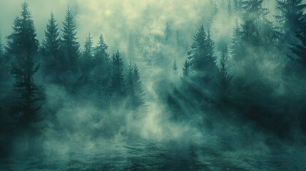 A dark and mysterious forest with a thick fog.
