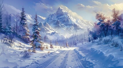 Convey the serene beauty of winter by capturing a scenic prompt of a road blanketed in snow with a majestic mountain in the background, evoking the peaceful charm of a snowy landscape