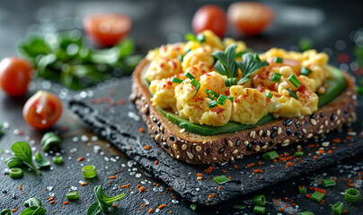 scrambled eggs on toast with avocado top view, breakfast food wallpaper with copy space - obrazy, fototapety, plakaty