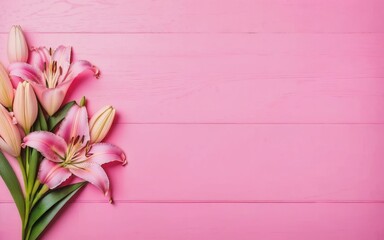 A wooden pink backdrop adorned with fresh spring lilies, complemented by a heart-shaped decoration with empty copy space