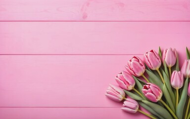 A wooden pink backdrop adorned with fresh spring tulips, accentuated by a heart-shaped decoration with empty copy space