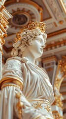 Majestic Neoclassical Statue in Ornate Palace Interior with Intricate Architectural Details and Lavish Gilded Decor