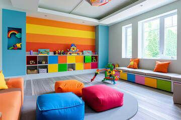 Vibrantly colored childrens room with a designated play area filled with toys and games