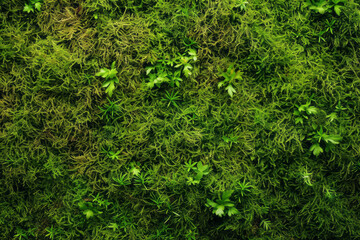 Detailed view of a wall completely covered in thick moss, showcasing the vibrant green colors and...