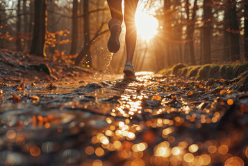 feet running / jogging in the woods towards the sunset / sunrise, low angle view, healthy lifestyle	
