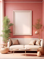 A living room with a pink wall and couch with frame template.