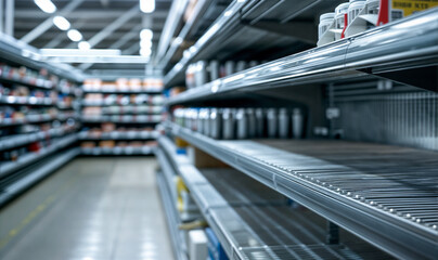 empty shelves in a supermarket / retail store awaiting restocking after people panicking and making unreasonable purchases / stockpiling  - obrazy, fototapety, plakaty