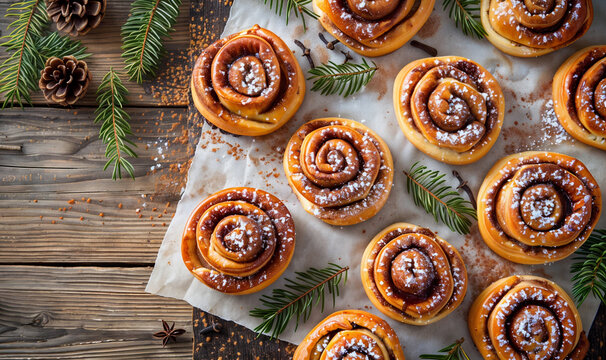 cinnamon rolls on a fancy dark table top seen from above with copy space, sweets pastry wallpaper