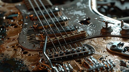 Detailed Close-Up of Wet Electric Guitar’s Internal Mechanism Featuring Strings, Pickups, and...