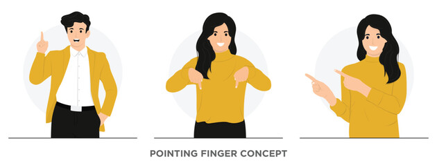 Flat vector Beautiful girl with happy smile pointing fingers down side up at banner concept illustration