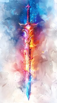 Mystic Blade s Radiant Power Ethereal Watercolor Clipart of an Ancient Enchanted Fantasy Sword