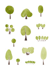 A set of abstract trees and shrubs with a spring green crown. Watercolor clip-art