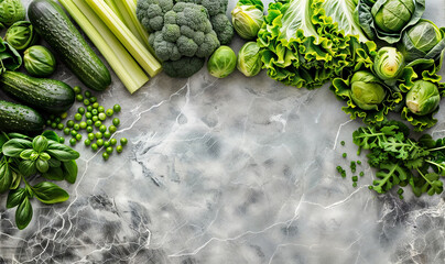 green veggies seen from above on a white marble table top wallpaper with copy space, vegan diet banner	
 - obrazy, fototapety, plakaty