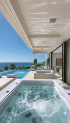 Luxury villa swimming pool by the sea,created with Generative AI tecnology.