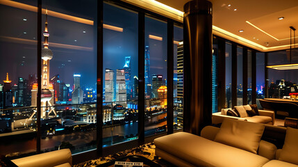 Fototapeta premium Bustling night scene outside the window of luxury hotel,created with Generative AI tecnology.