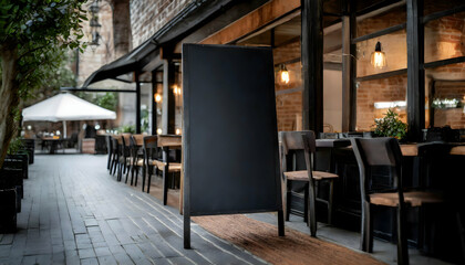 Black sign outside a restaurant mockup, high quality photography on digital art concept, Generative AI.