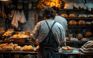 A man is working in a bakery, preparing bread. The bakery is filled with various types of bread, including rolls and loaves. The atmosphere is warm and inviting
