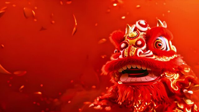 Chinese dragon red background. Chinese New Year. Lunar New Year of Dragon 2024. Lunar New Year video Celebration. Chinese new year background. Chinese lion dancer 4k copy space
