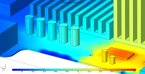 Computer 3d modeling of the temperature distribution 
on the surface of a group 
of capacitors of a printed circuit
board of an electronic device. Thermal analysis.