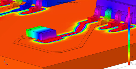 Computer 3d modeling of printed circuit board of electronic device. Investigation of  distribution of electric potential on surface of pcb, conductors, components ( capacitor, integrated circuit ). © TKalinovskaya