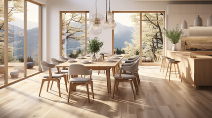 A dining room with Scandinavian design elements, with light wood furniture.