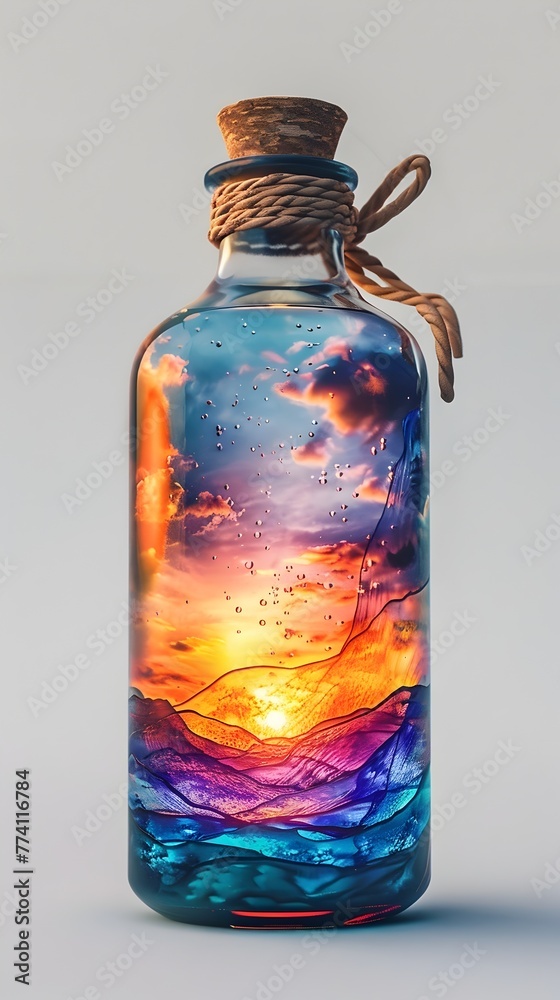 Sticker Surreal Dreamscape Captured in a Mystical Glass Bottle A Captivating Intersection of Art Nature and Imagination