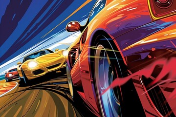 Exhilarating cartoon showcasing a high-velocity supercar race. The dynamic scene explodes with color and detail, emphasizing the focused car's intense speed as it navigates the racetrack.