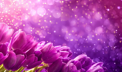 Fresh spring tulip flowers as a holiday postcard design blurred background. Space for text